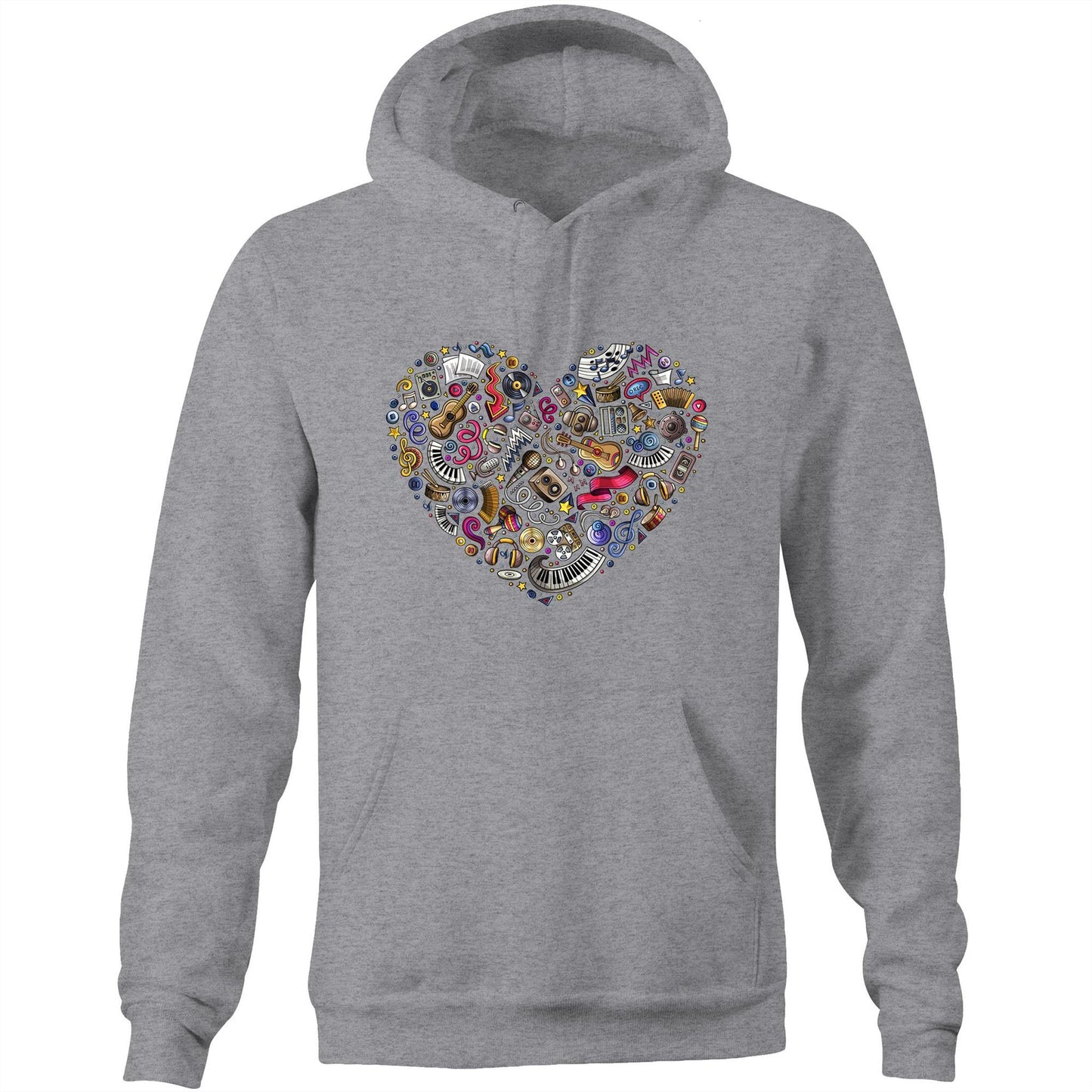 Heart Music - Pocket Hoodie Sweatshirt Grey Marle Hoodie Music