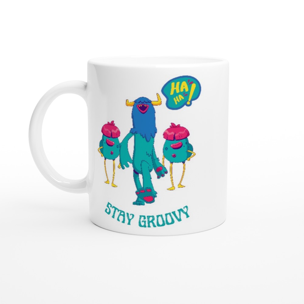 Monsters, Stay Groovy - White 11oz Ceramic Mug White 11oz Mug Globally Fulfilled Sci Fi