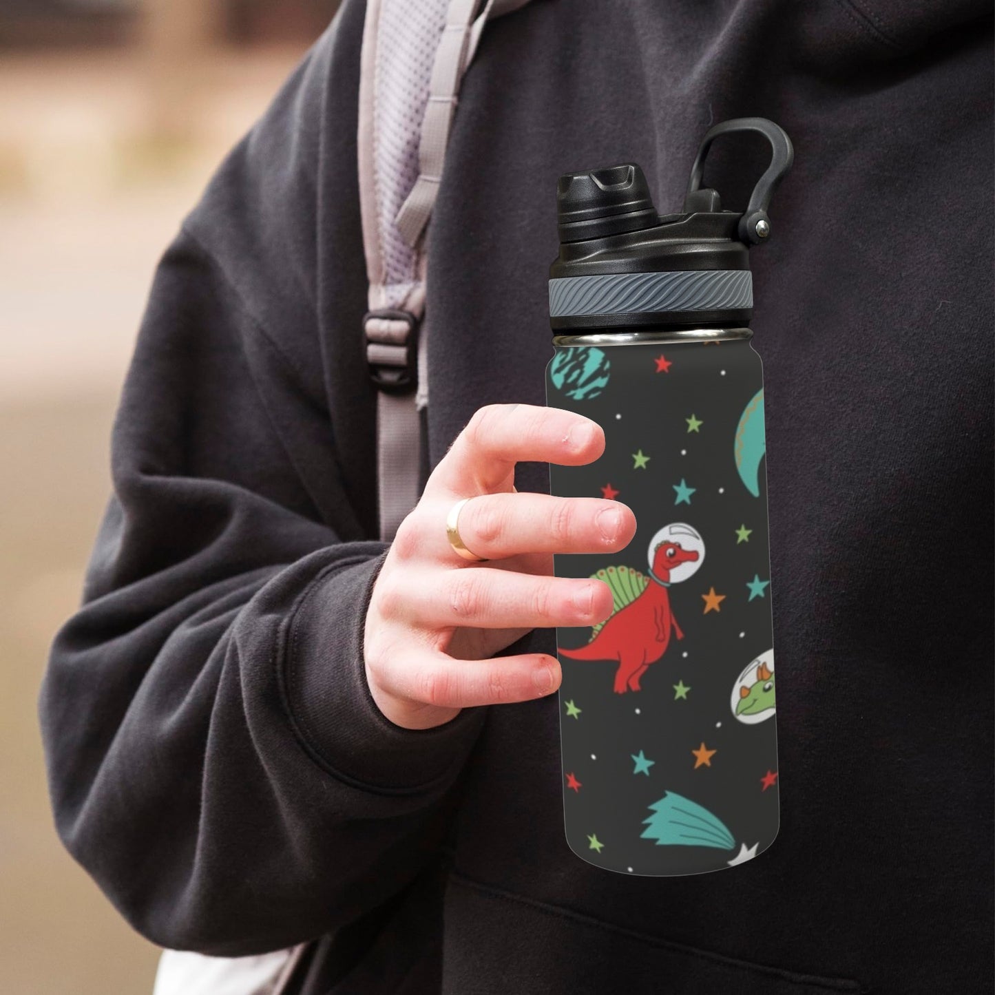 Astronaut Dinosaurs - Insulated Water Bottle with Dual-Use Lid (18oz)