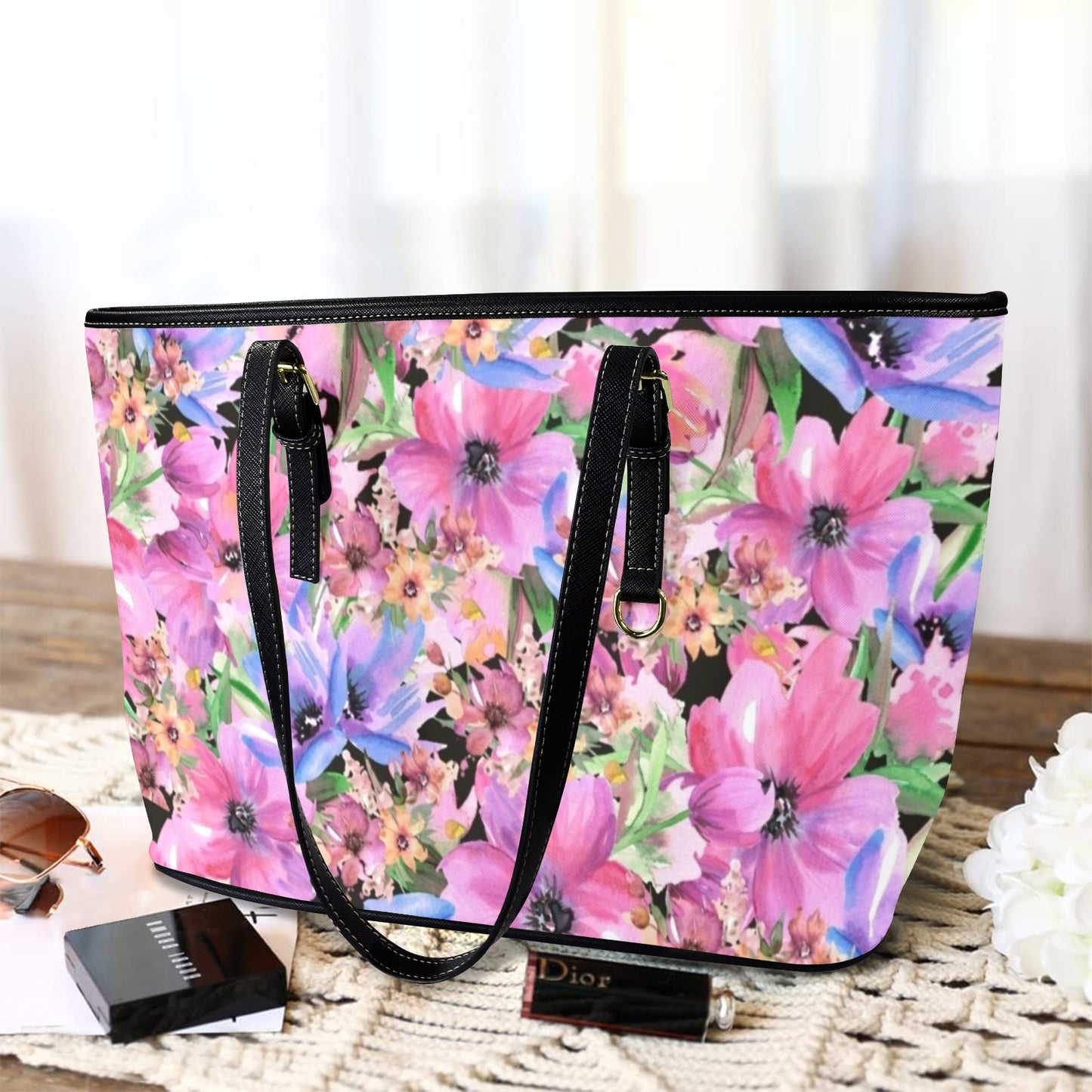 Bright Pink Floral - Leather Tote Bag-Large