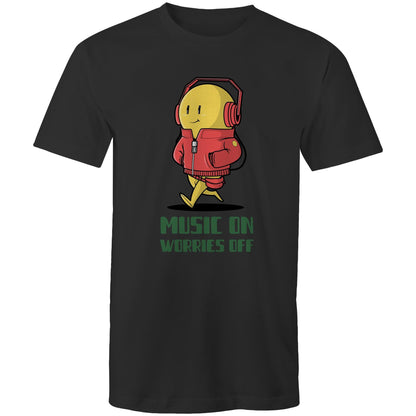 Music On, Worries Off - Mens T-Shirt Black Mens T-shirt Music Printed In Australia