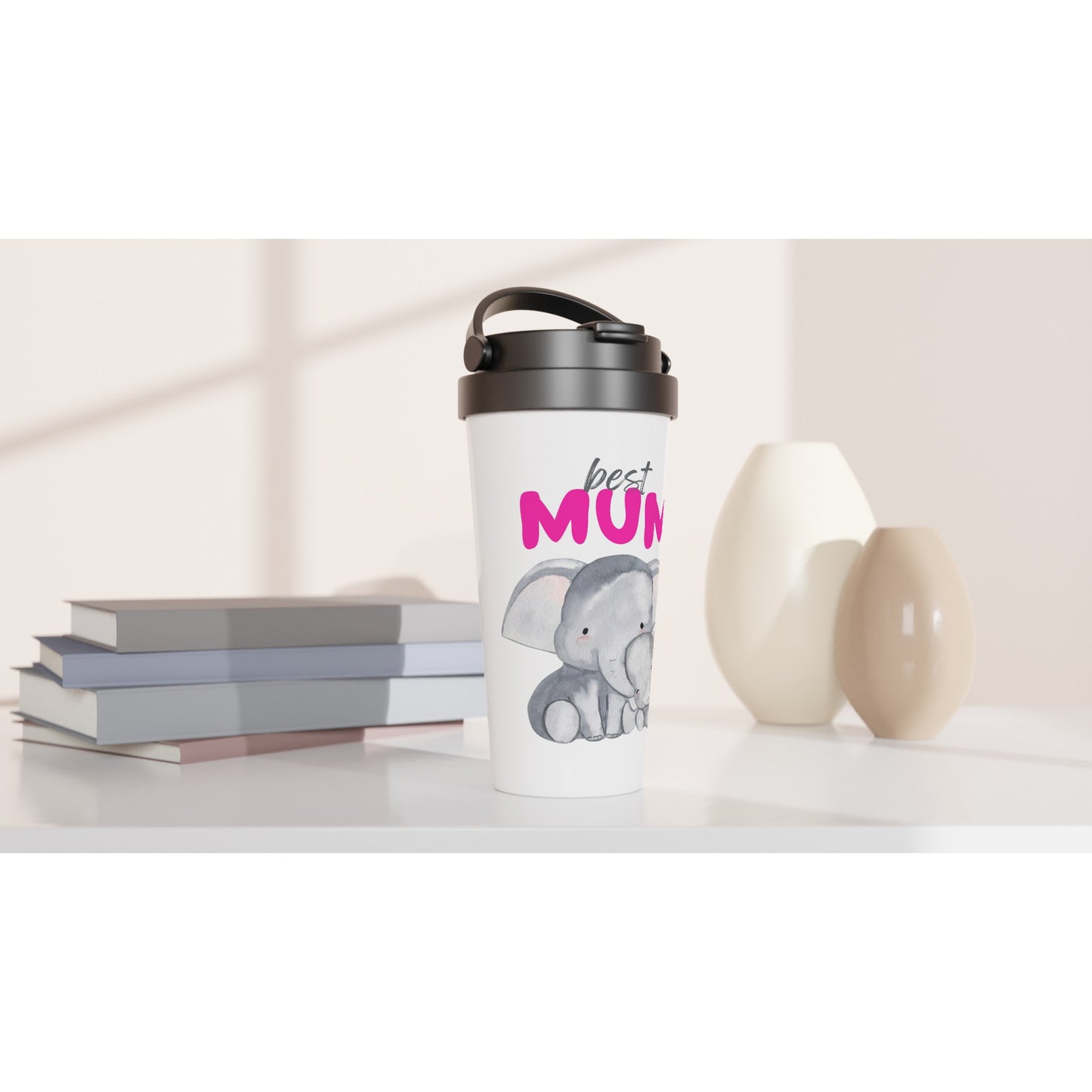 Best Mum, Cute Elephants - White 15oz Stainless Steel Travel Mug Travel Mug animal Globally Fulfilled Mum