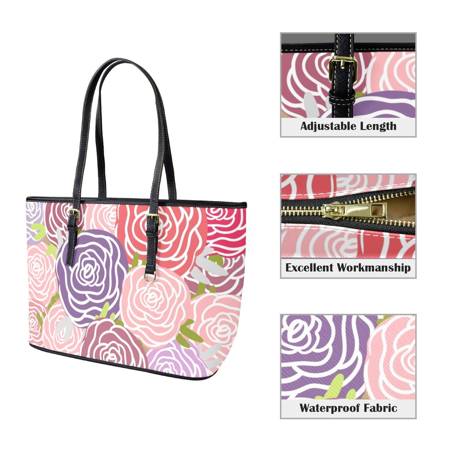 Abstract Roses - Leather Tote Bag-Large