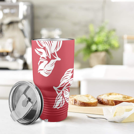 Red Retro Foliage, Hawaiian Flower - 30oz Insulated Stainless Steel Mobile Tumbler