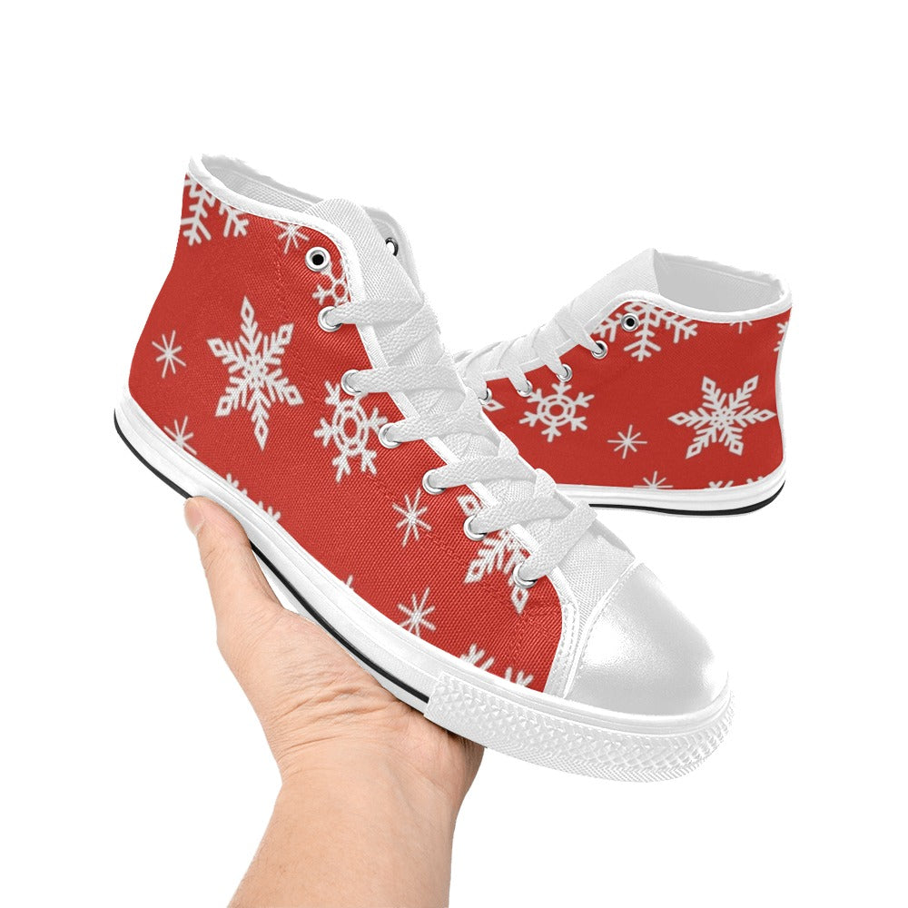 Red Snowflakes, Christmas - Kids High Top Canvas Shoes