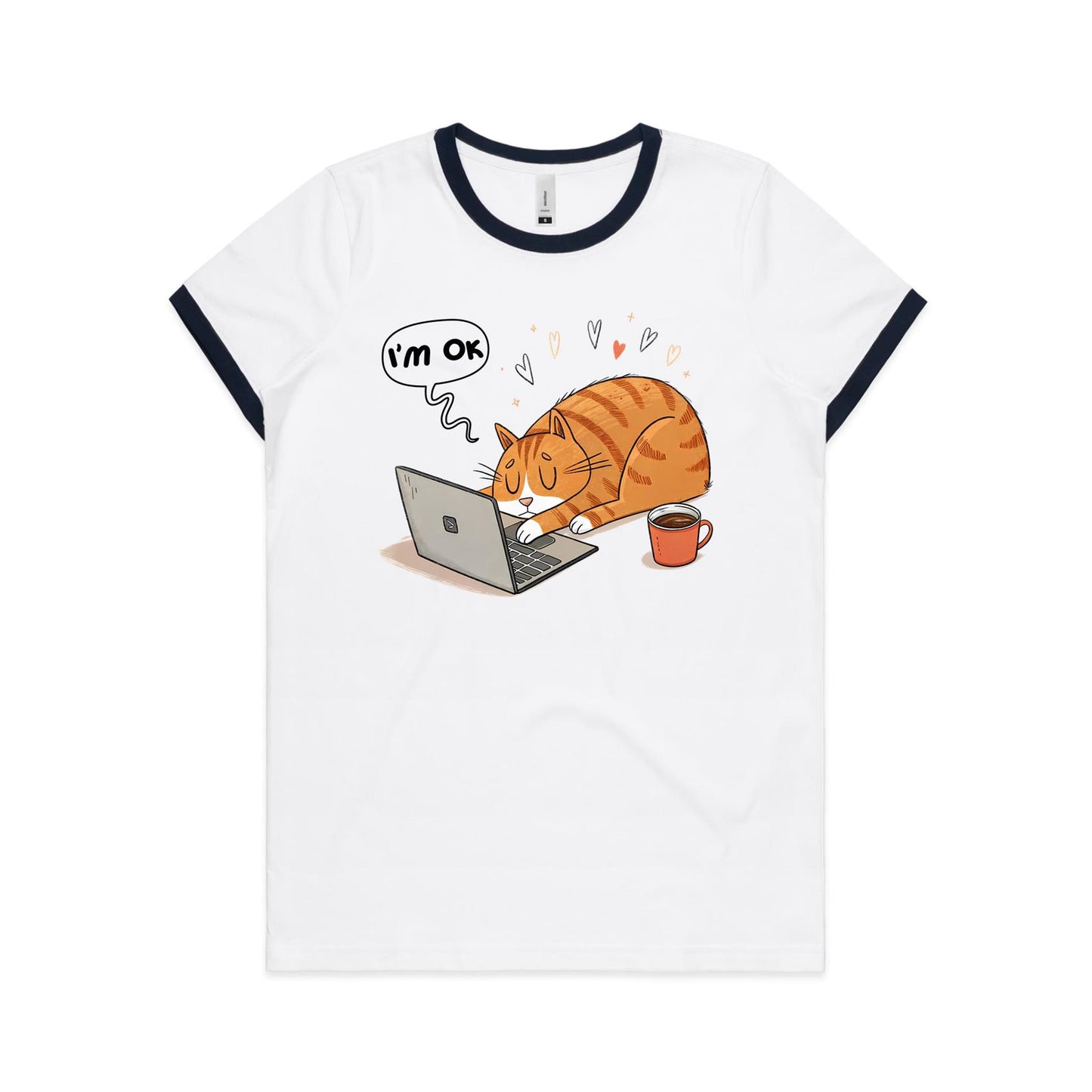 Cat Laptop, I'm OK - Women's Ringer Tee White Navy Womens Ringer T-shirt animal Printed In Australia