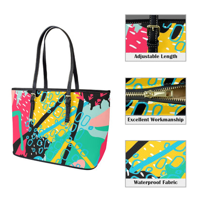 Bright Abstract - Leather Tote Bag-Large