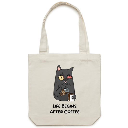 Cat, Life Begins After Coffee - Canvas Tote Bag Default Title Tote Bag animal Coffee