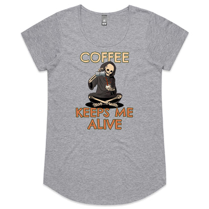 Skeleton, Coffee Keeps Me Alive - Womens Scoop Neck T-Shirt Grey Marle Womens Scoop Neck T-shirt Coffee