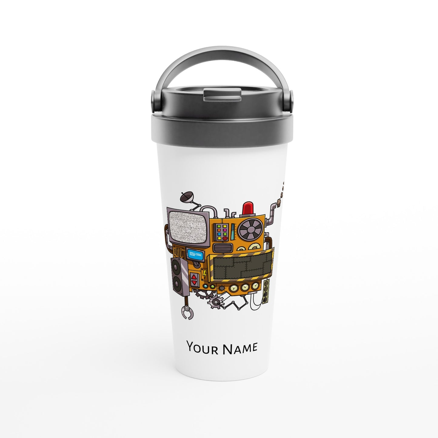 Personalised - Mechanical Life - White 15oz Stainless Steel Travel Mug Default Title Personalised Travel Mug Customise Globally Fulfilled Personalise Retro Sci Fi tech