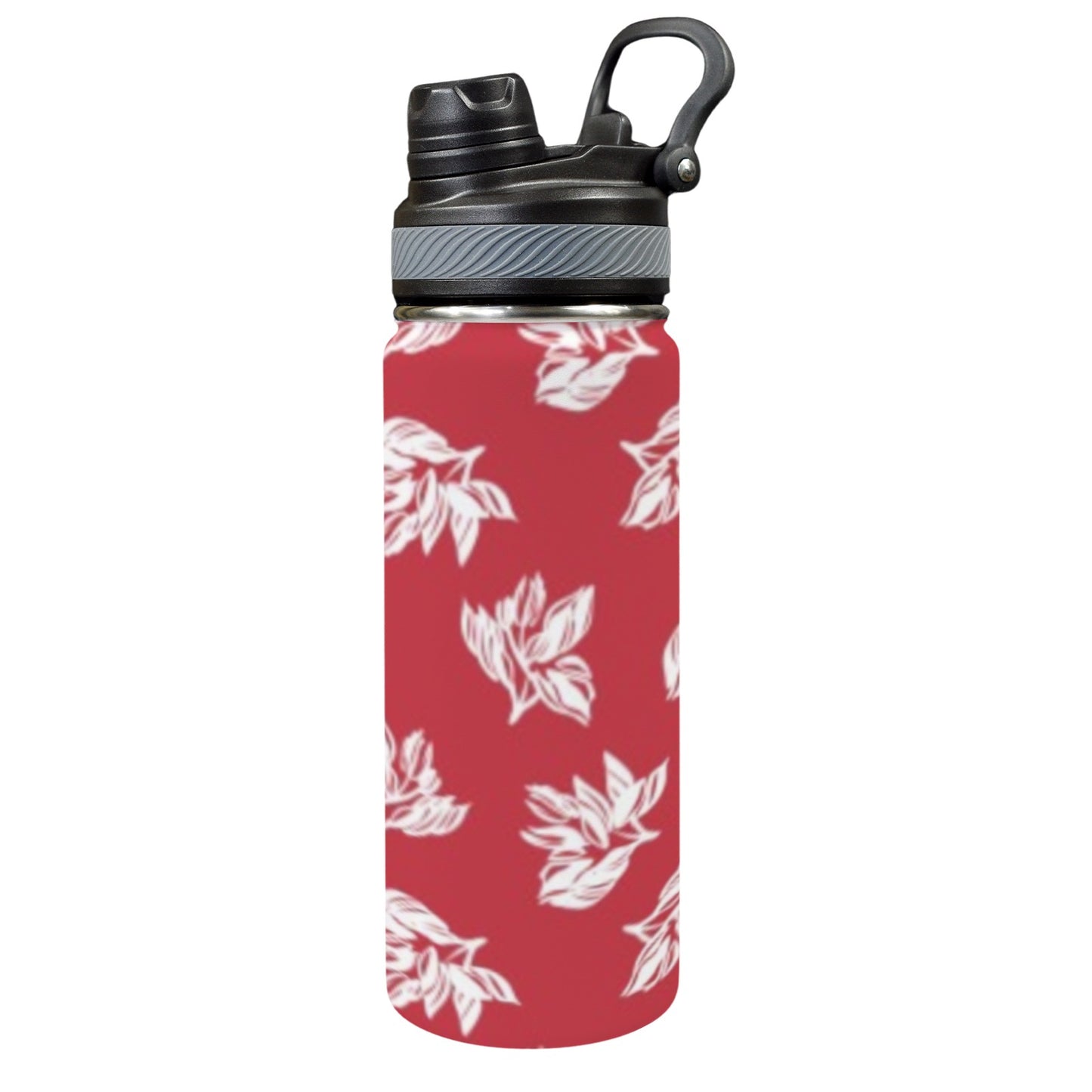 Red Retro Foliage, Hawaiian Flower - Insulated Water Bottle with Dual-Use Lid (18oz)