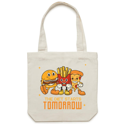 The Diet Starts Tomorrow, Hamburger, Fries, Pizza - Canvas Tote Bag Cream One Size Tote Bag Printed In Australia