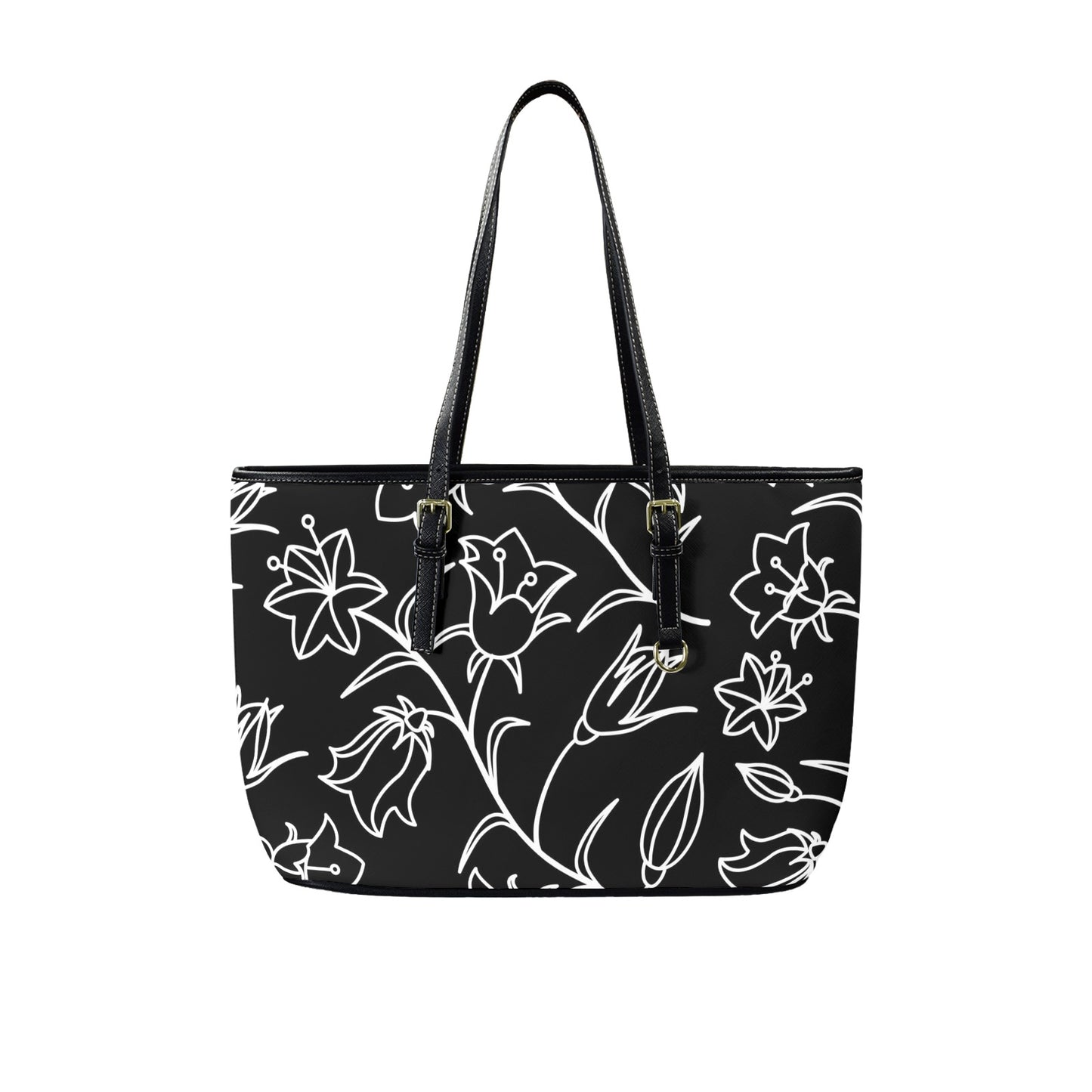 Black And White Floral - Leather Tote Bag-Large