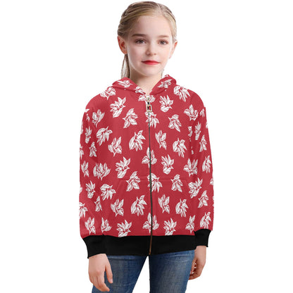 Red Retro Foliage, Hawaiian Flower - Senior Girls Zip Up Hoodie