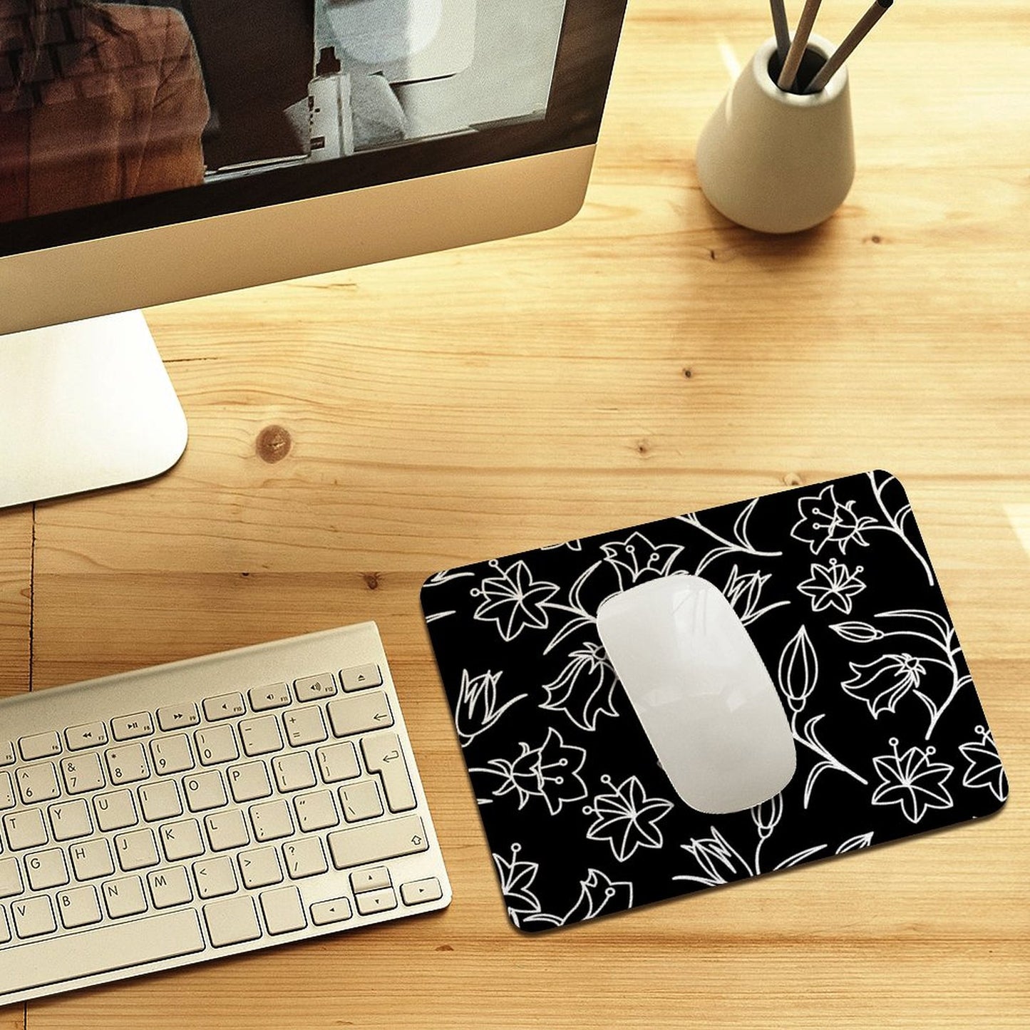 Black And White Floral - Leather Mouse Pad