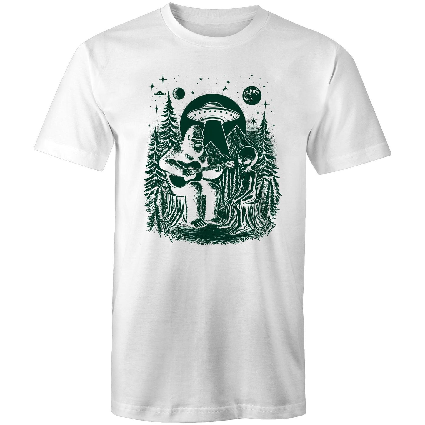 Alien And Bigfoot Play Guitar - Mens T-Shirt White Mens T-shirt Music Printed In Australia Sci Fi