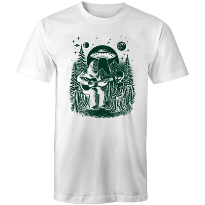 Alien And Bigfoot Play Guitar - Mens T-Shirt White Mens T-shirt Music Printed In Australia Sci Fi