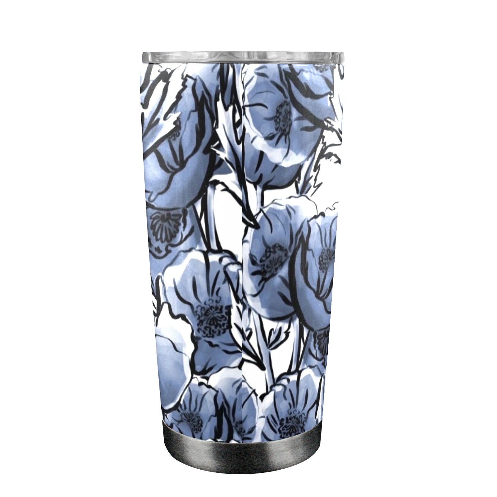 Blue And White Floral - 20oz Travel Mug with Clear Lid Clear Lid Travel Mug Plants