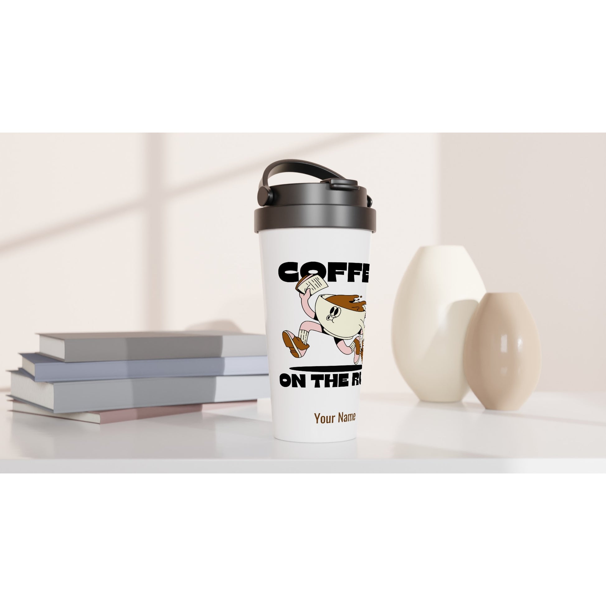 Personalised - Coffee On The Run - White 15oz Stainless Steel Travel Mug Personalised Travel Mug Coffee