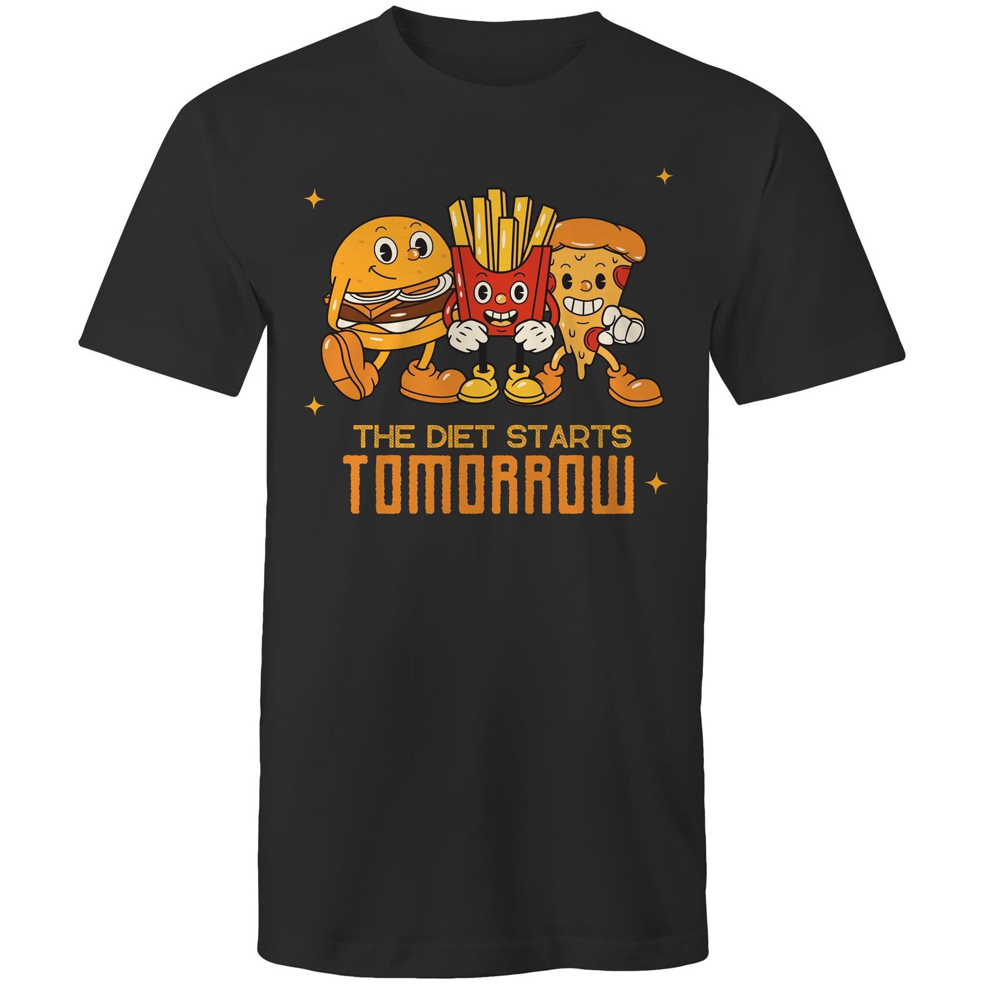 The Diet Starts Tomorrow, Hamburger, Pizza, Fries - Mens T-Shirt Black Mens T-shirt Food Funny Retro