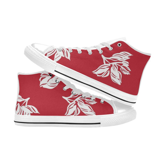 Red Retro Foliage, Hawaiian Flower - Kids High Top Canvas Shoes