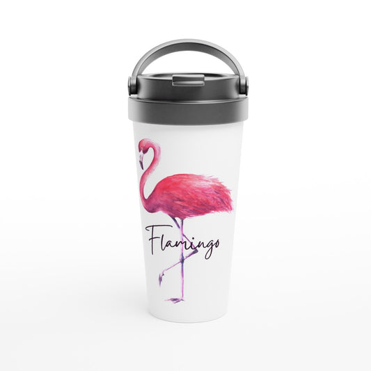 Flamingo - White 15oz Stainless Steel Travel Mug Travel Mug animal bird black white coffee cold cup cute handle hot legs pink pretty screw on lid