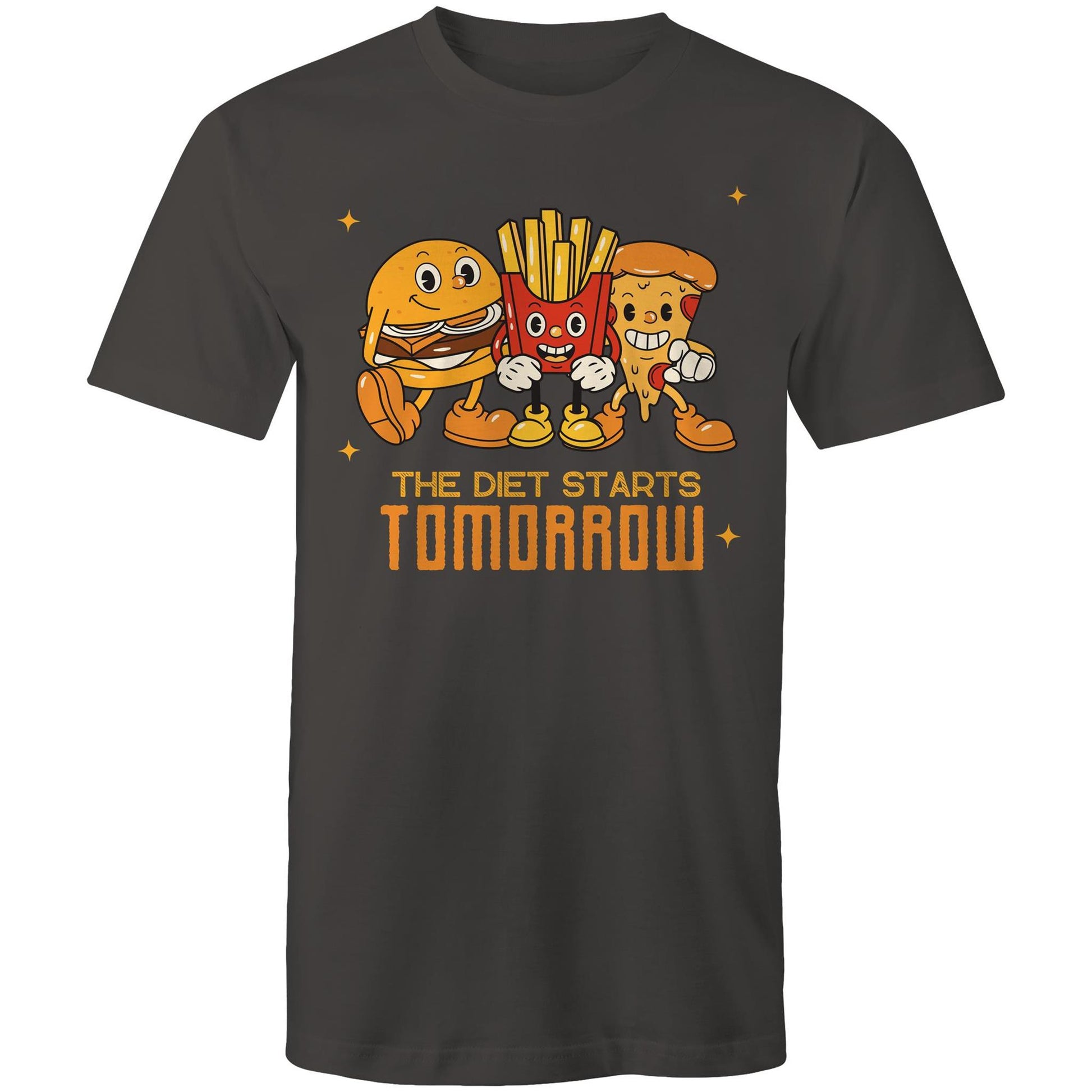 The Diet Starts Tomorrow, Hamburger, Pizza, Fries - Mens T-Shirt Charcoal Mens T-shirt Food Funny Retro