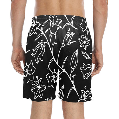 Black And White Floral - Men's Mid-Length Beach Shorts