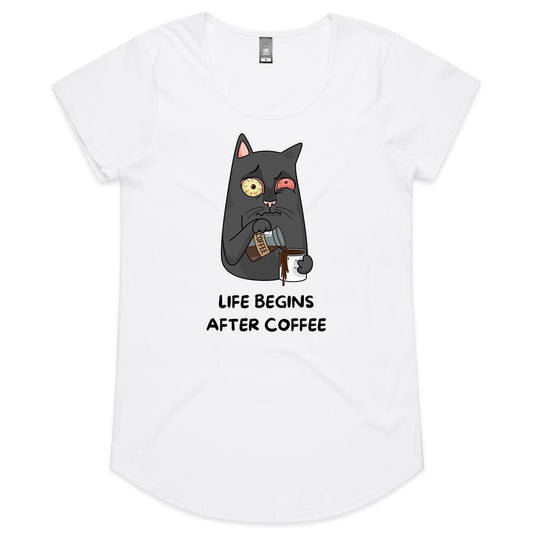 Cat, Life Begins After Coffee - Womens Scoop Neck T-Shirt White Womens Scoop Neck T-shirt animal Coffee