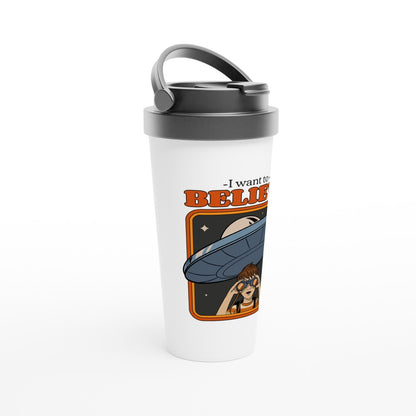 I Want To Believe - White 15oz Stainless Steel Travel Mug Travel Mug Globally Fulfilled Retro Sci Fi