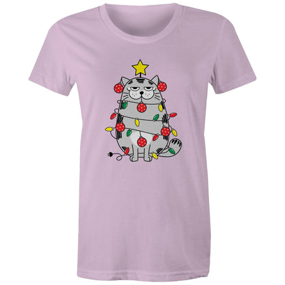 Cat Christmas Lights - Womens T-shirt Lavender Womens Christmas T-shirt Christmas Printed In Australia