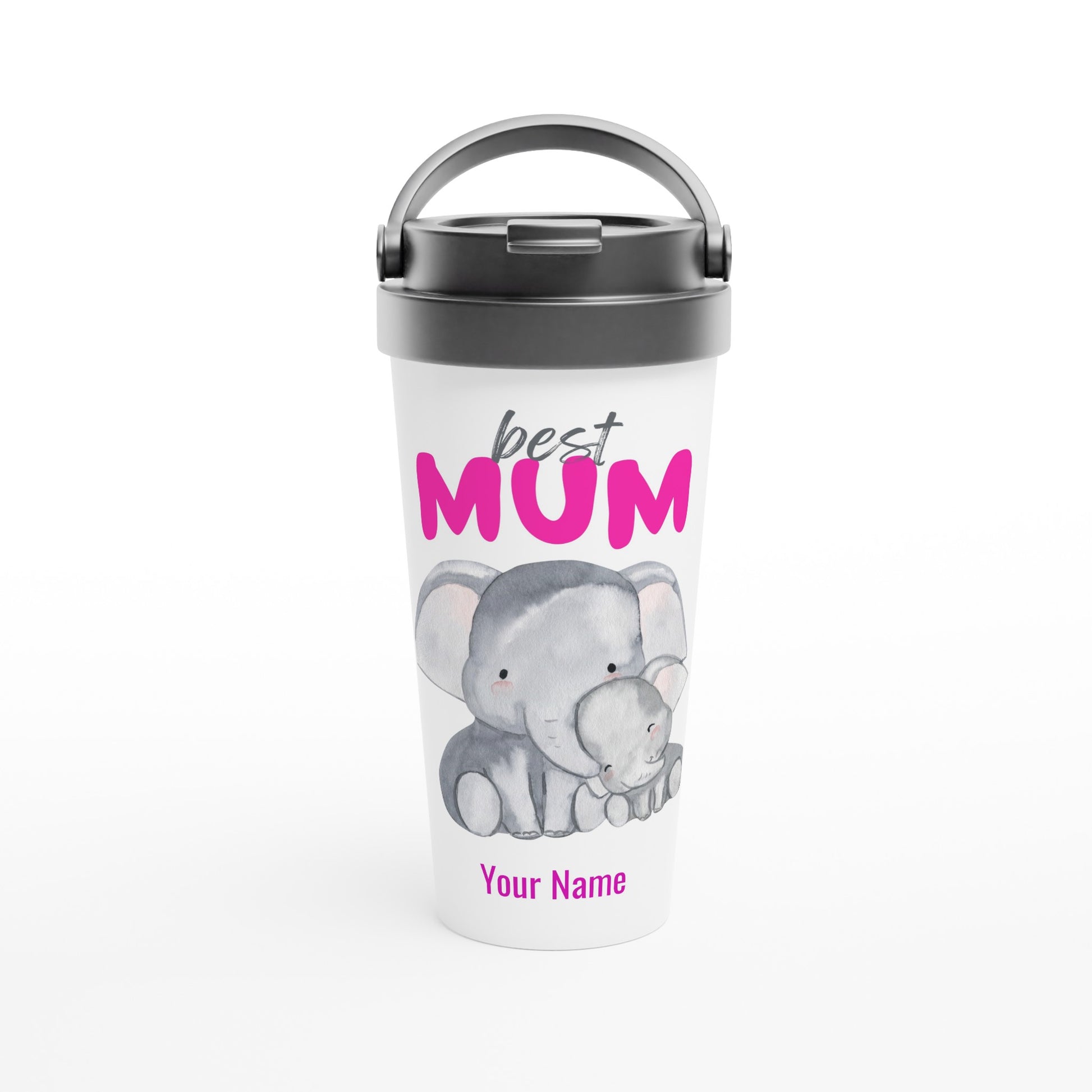 Personalised - Best Mum, Cute Elephants - White 15oz Stainless Steel Travel Mug Default Title Personalised Travel Mug animal Mum