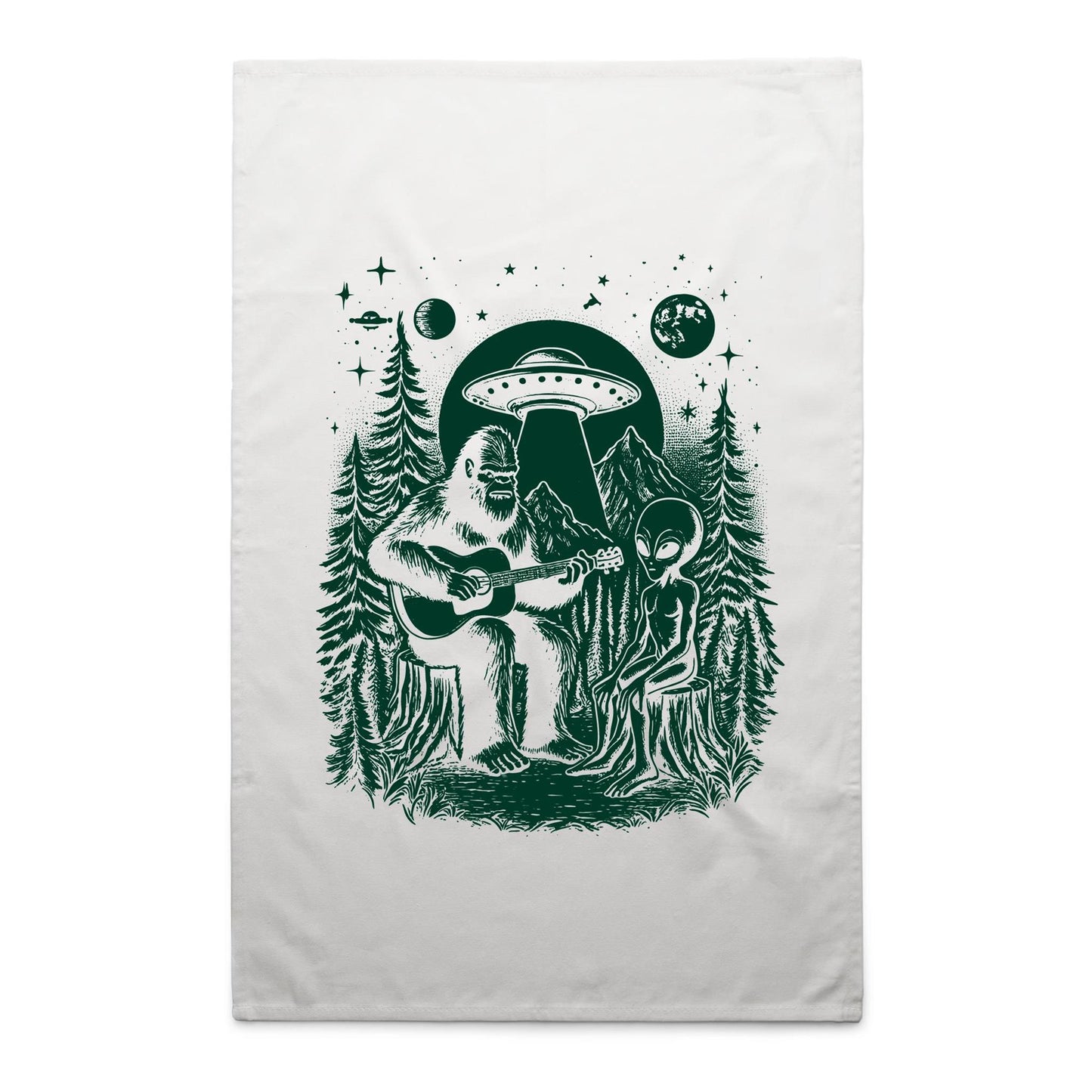 Bigfoot And Alien Playing Guitar - AS Colour Tea Towel