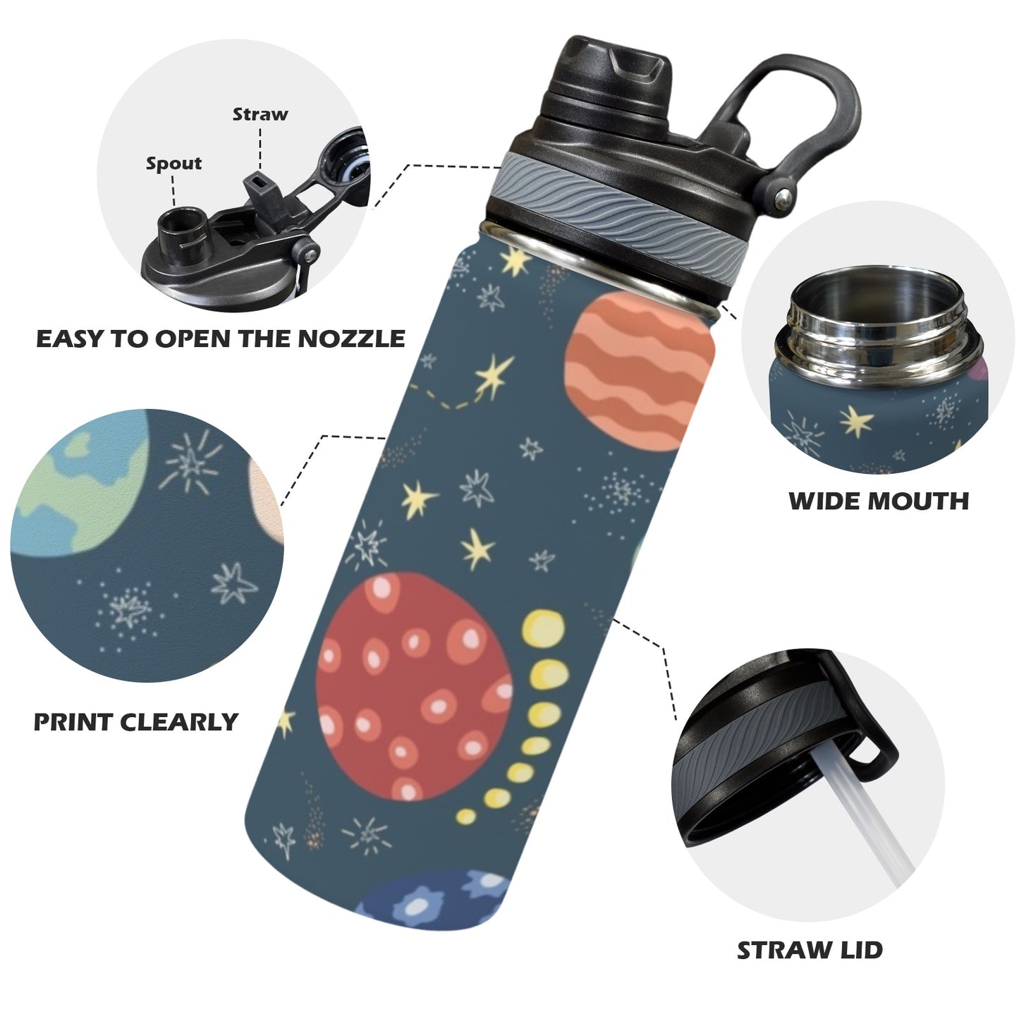 Rocket and Planets In Space - Insulated Water Bottle with Dual-Use Lid (18oz)