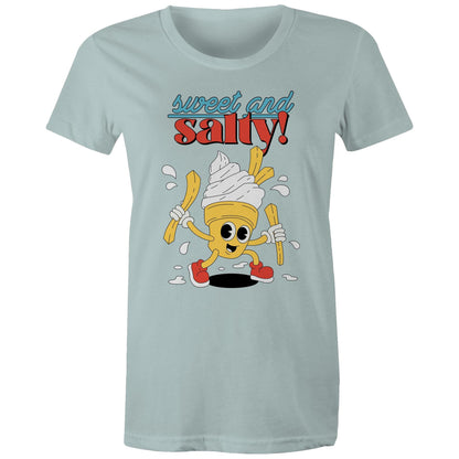 Sweet And Salty, Ice Cream And Fries - Womens T-shirt Pale Blue Womens T-shirt Food Printed In Australia