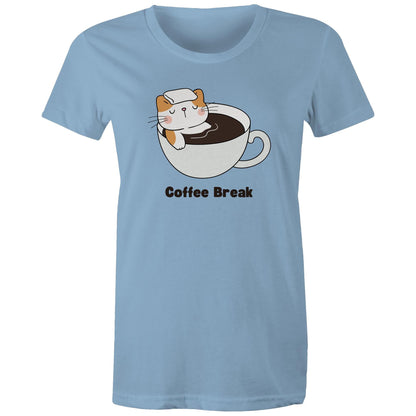 Cat Coffee Break - Womens T-shirt Carolina Blue Womens T-shirt animal Coffee Printed In Australia