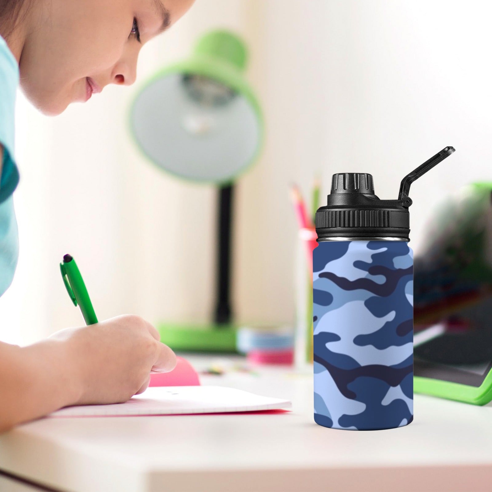 Blue Camouflage - Kids Water Bottle with Chug Lid (12 oz) Kids Water Bottle with Chug Lid Printed Offshore