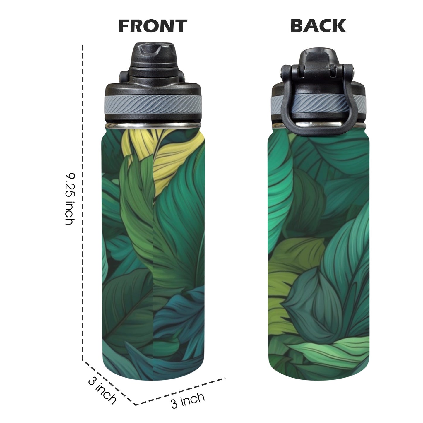 Tropical Leaves - Insulated Water Bottle with Dual-Use Lid (18oz)