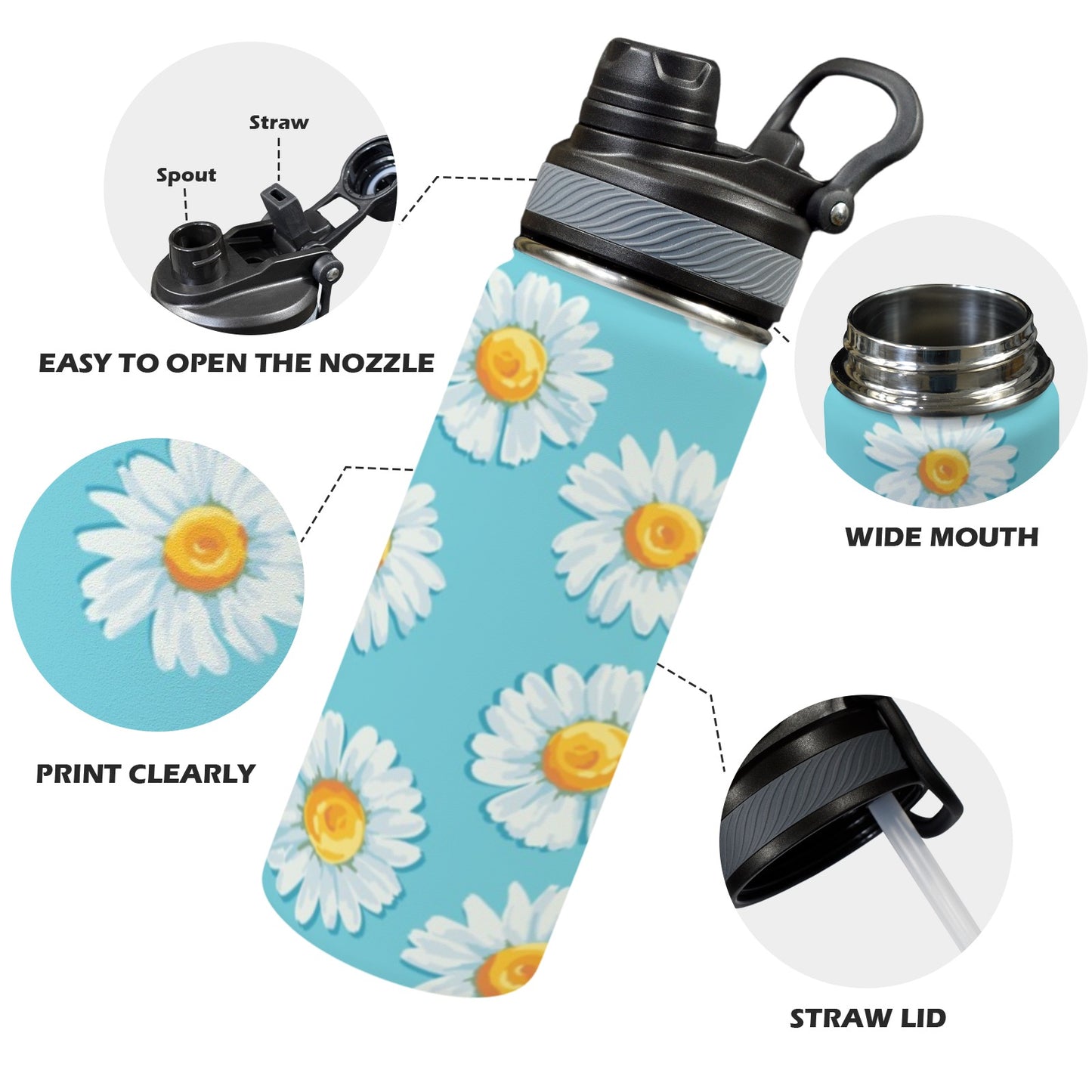 Daisies On Blue - Insulated Water Bottle with Dual-Use Lid (18oz) Insulated Water Bottle with Dual-Use Lid (18oz) Printed Offshore