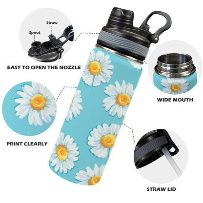 Daisies On Blue - Insulated Water Bottle with Dual-Use Lid (18oz) Insulated Water Bottle with Dual-Use Lid (18oz) Printed Offshore