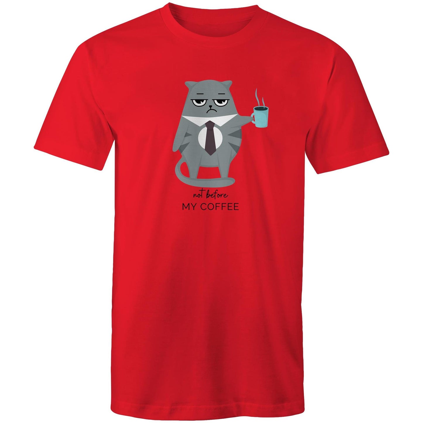 Not Before My Coffee, Cranky Cat - Mens T-Shirt Red Mens T-shirt animal Coffee Printed In Australia