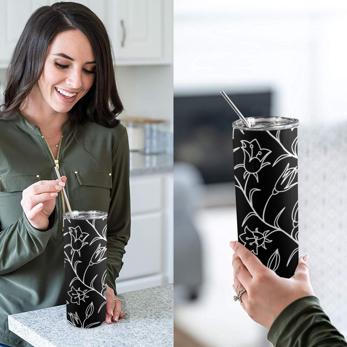 Black And White Floral - 20oz Tall Skinny Tumbler with Lid and Straw