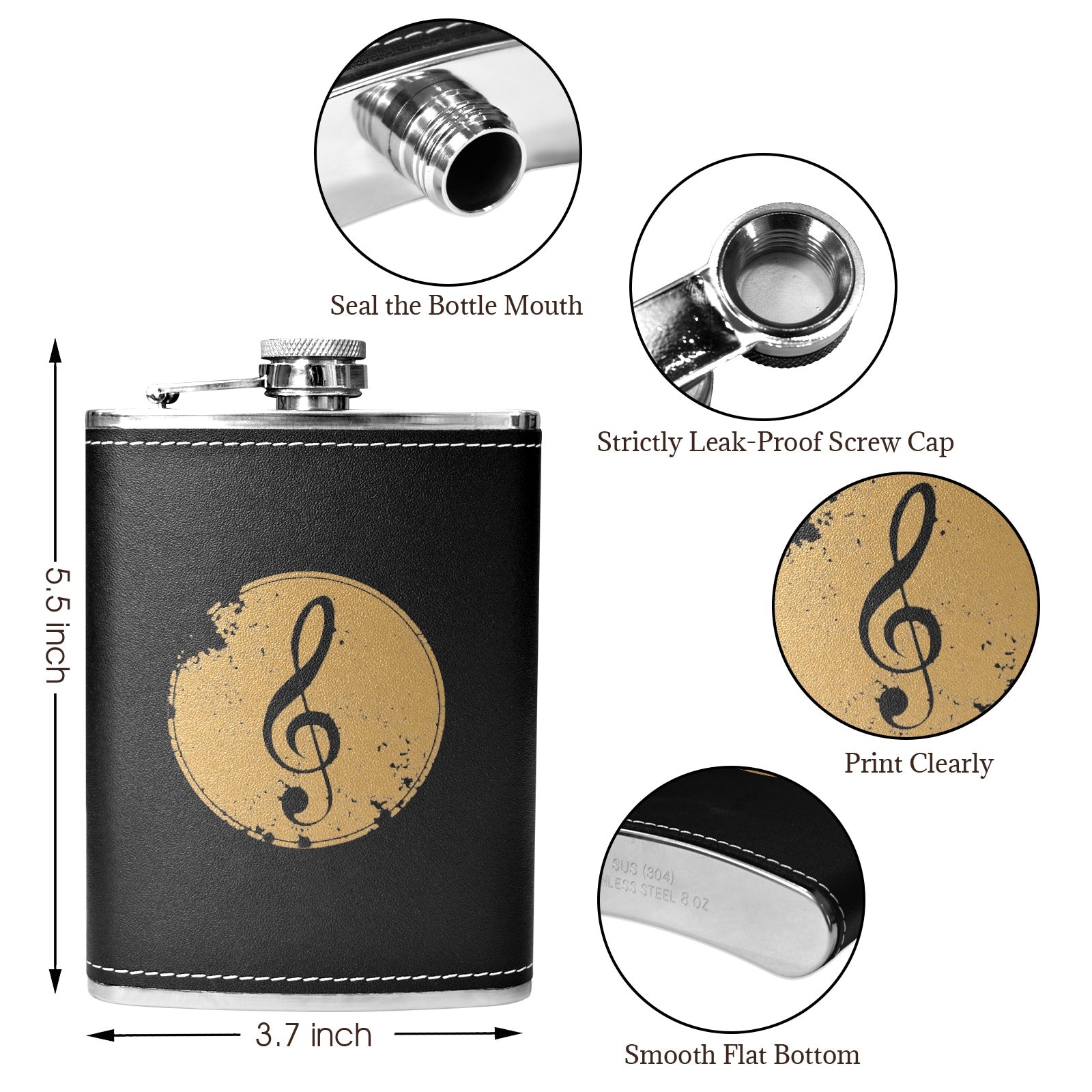 Treble Clef - 8oz Black Leather Hip Flask 8oz Black Leather Hip Flask Printed Offshore