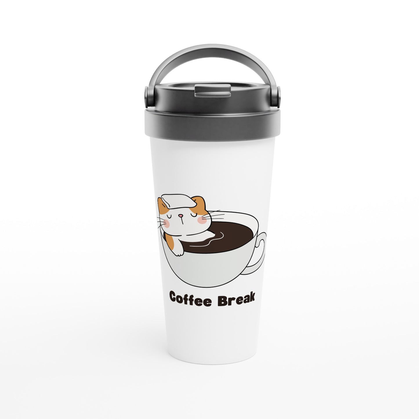 Cat Coffee Break - White 15oz Stainless Steel Travel Mug Default Title Travel Mug animal Coffee Globally Fulfilled