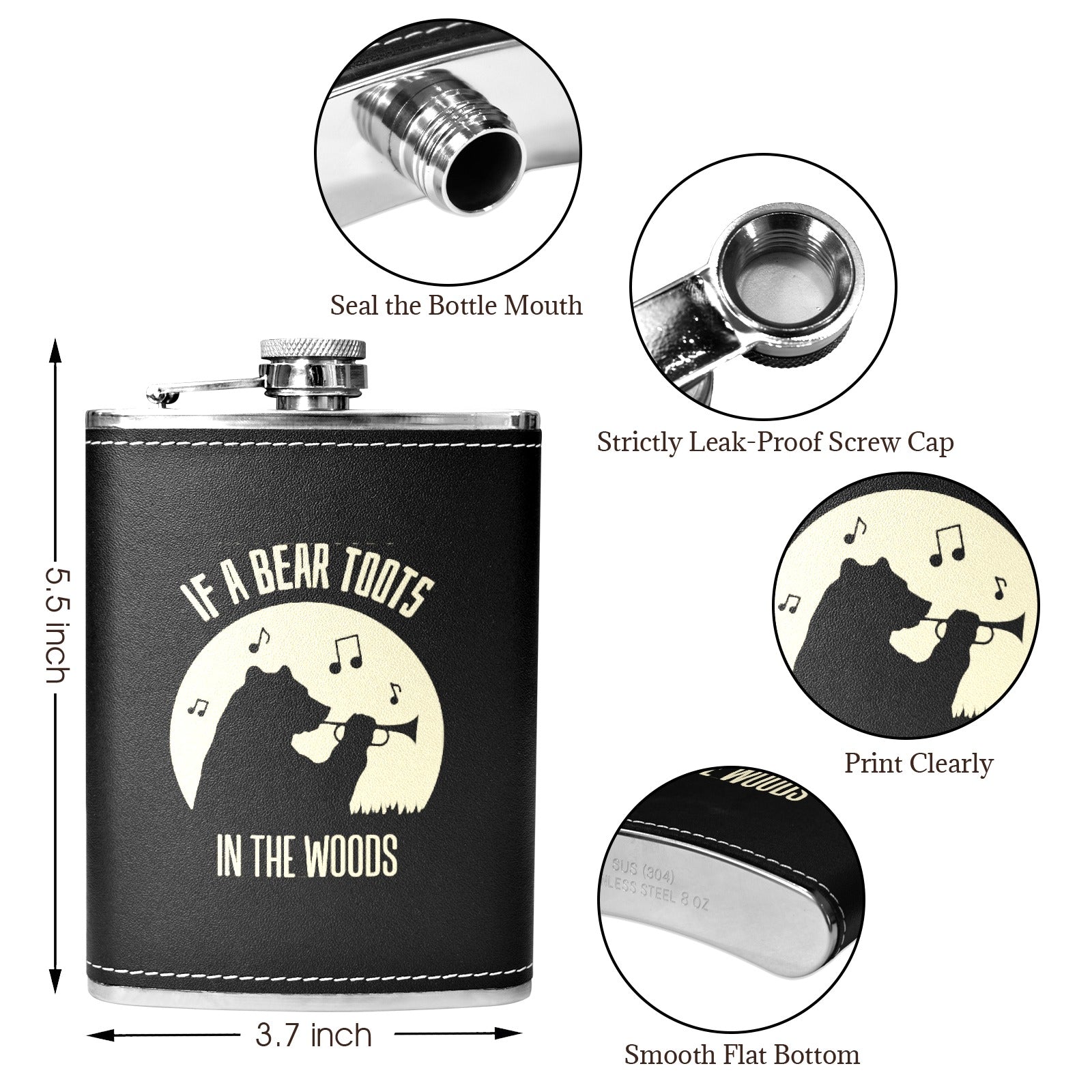 If A Bear Toots In The Woods - 8oz Black Leather Hip Flask 8oz Black Leather Hip Flask Printed Offshore