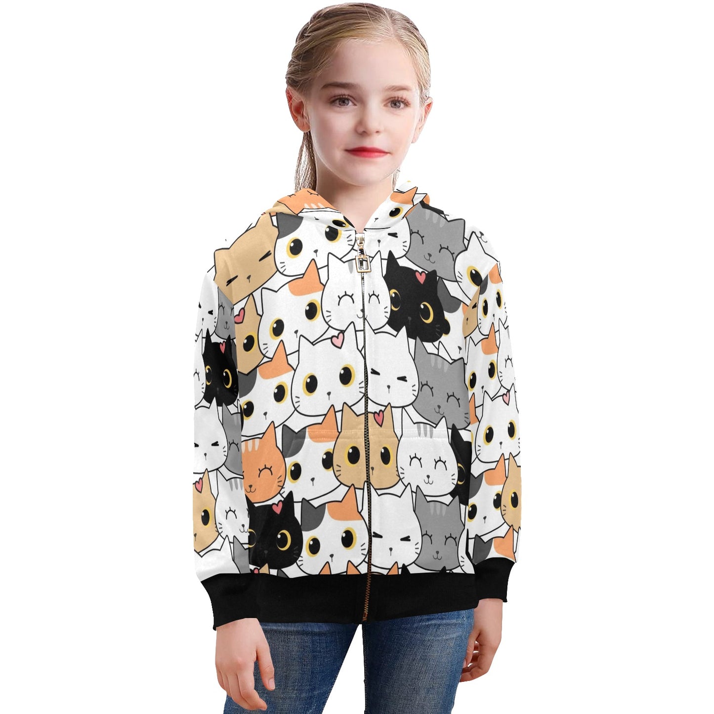 Cute Cartoon Cats - Senior Girls Zip Up Hoodie