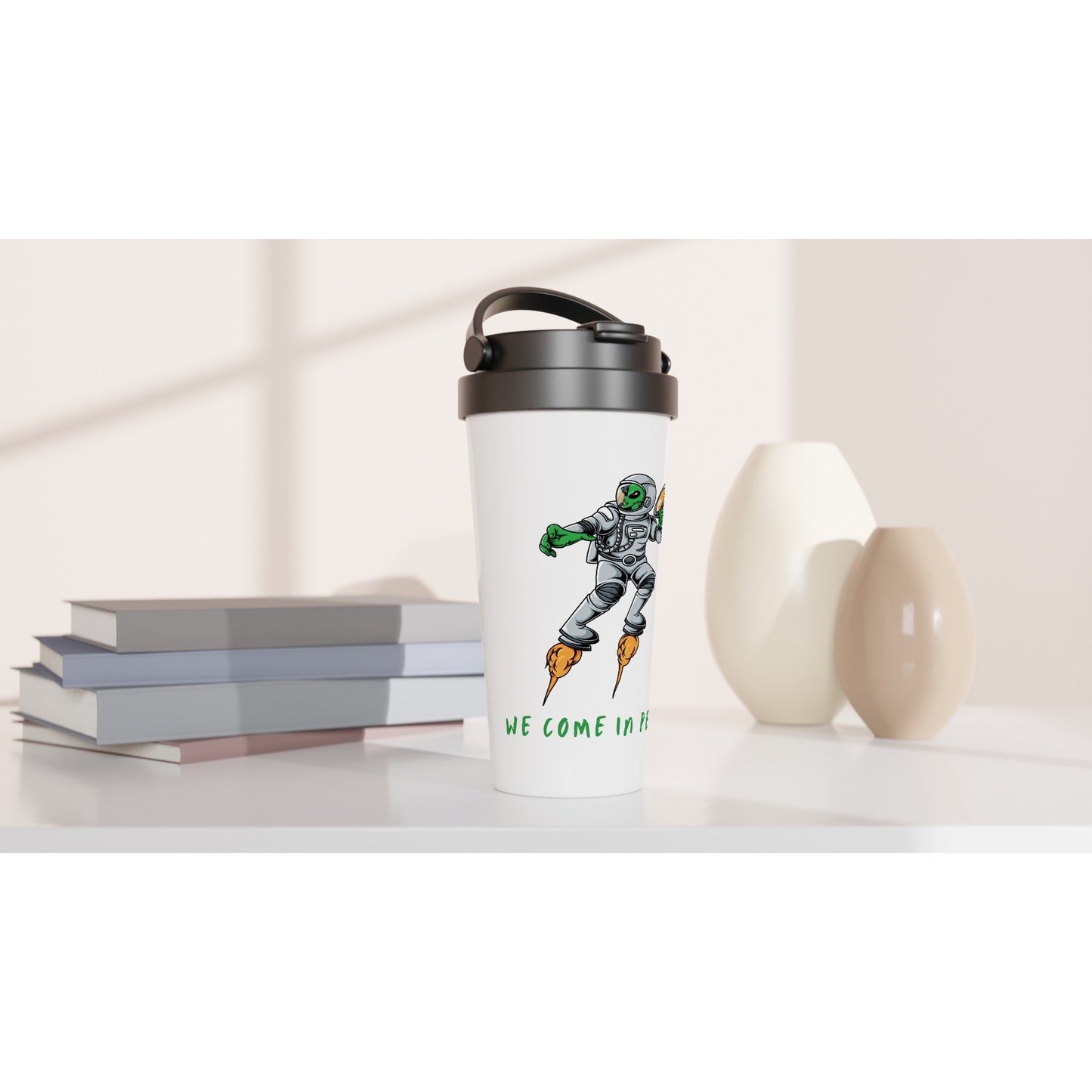 Alien, We Come In Peace - White 15oz Stainless Steel Travel Mug Travel Mug Sci Fi