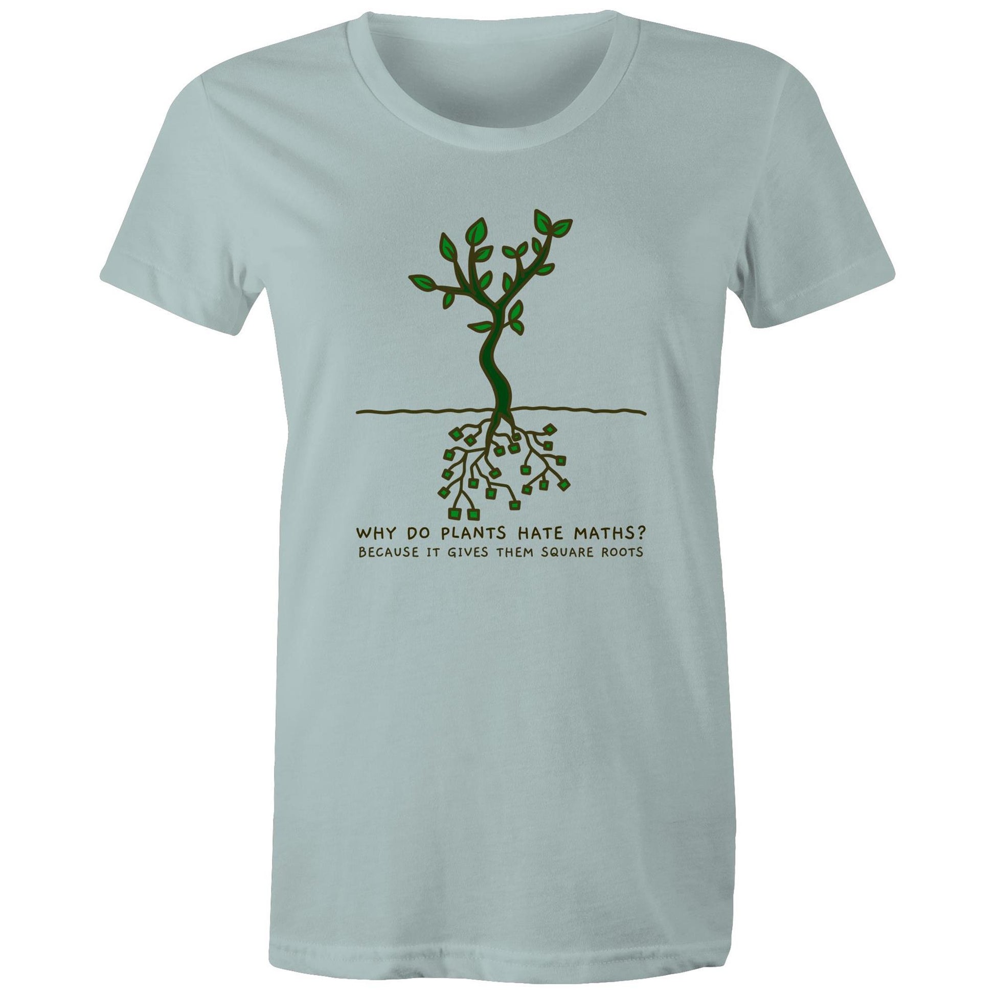 Square Roots, Maths Pun - Womens T-shirt Pale Blue Womens T-shirt Maths Printed In Australia