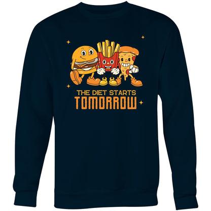 The Diet Starts Tomorrow, Hamburger, Pizza, Fries - Crew Sweatshirt Navy Sweatshirt Food Funny Retro