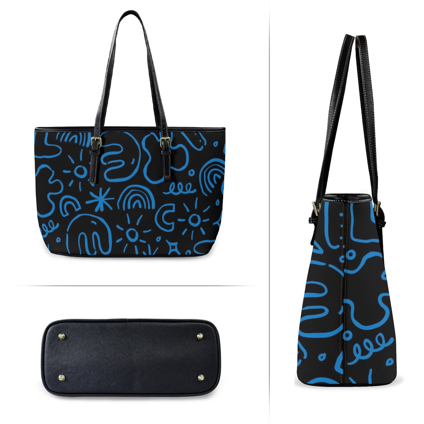 Blue Squiggle - Leather Tote Bag-Large